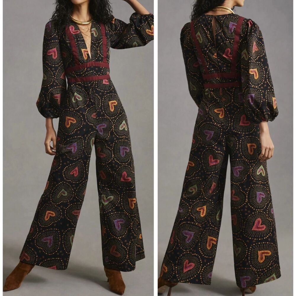 NEW Anthropologie x Farm Rio Deep-V Hearts Print Wide-Leg Jumpsuit, Size Small